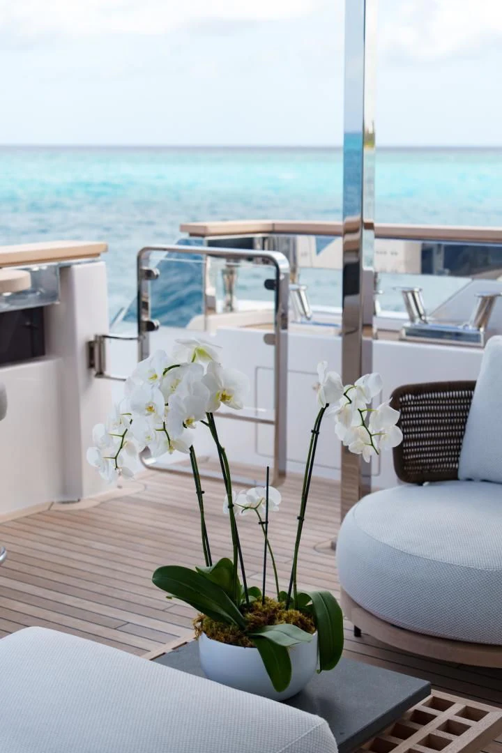 a potted plant on a balcony overlooking the ocean aboard ASANTE Yacht for Sale