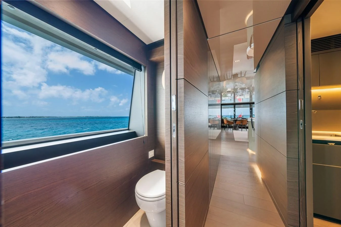a bathroom with a large window aboard ASANTE Yacht for Sale