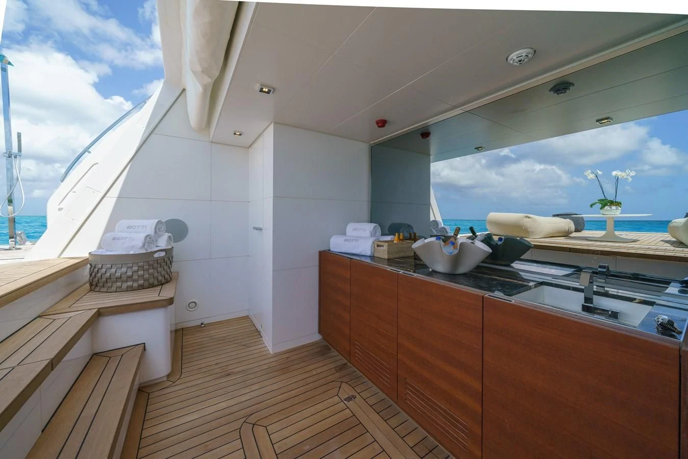 a kitchen with a large window aboard ASANTE Yacht for Sale