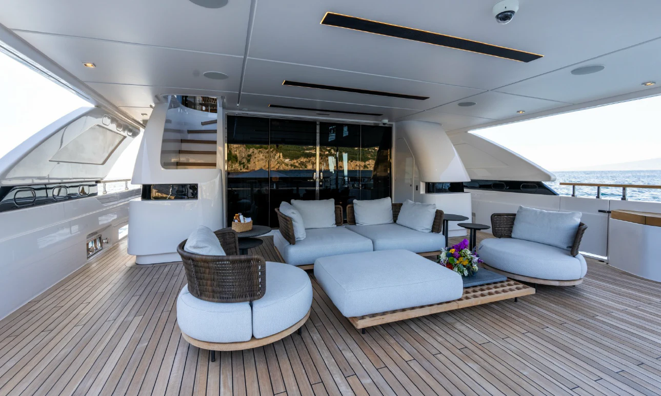 a living room with a large open floor plan aboard ASANTE Yacht for Sale