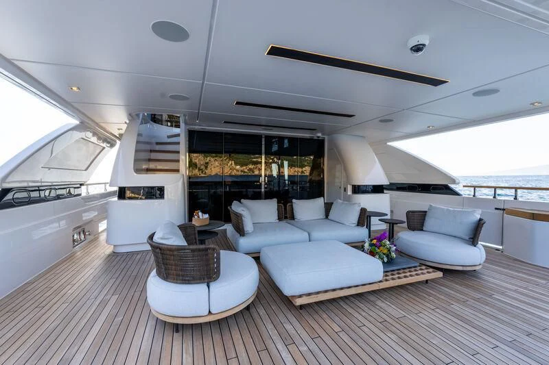 a modern looking living room aboard ASANTE Yacht for Sale