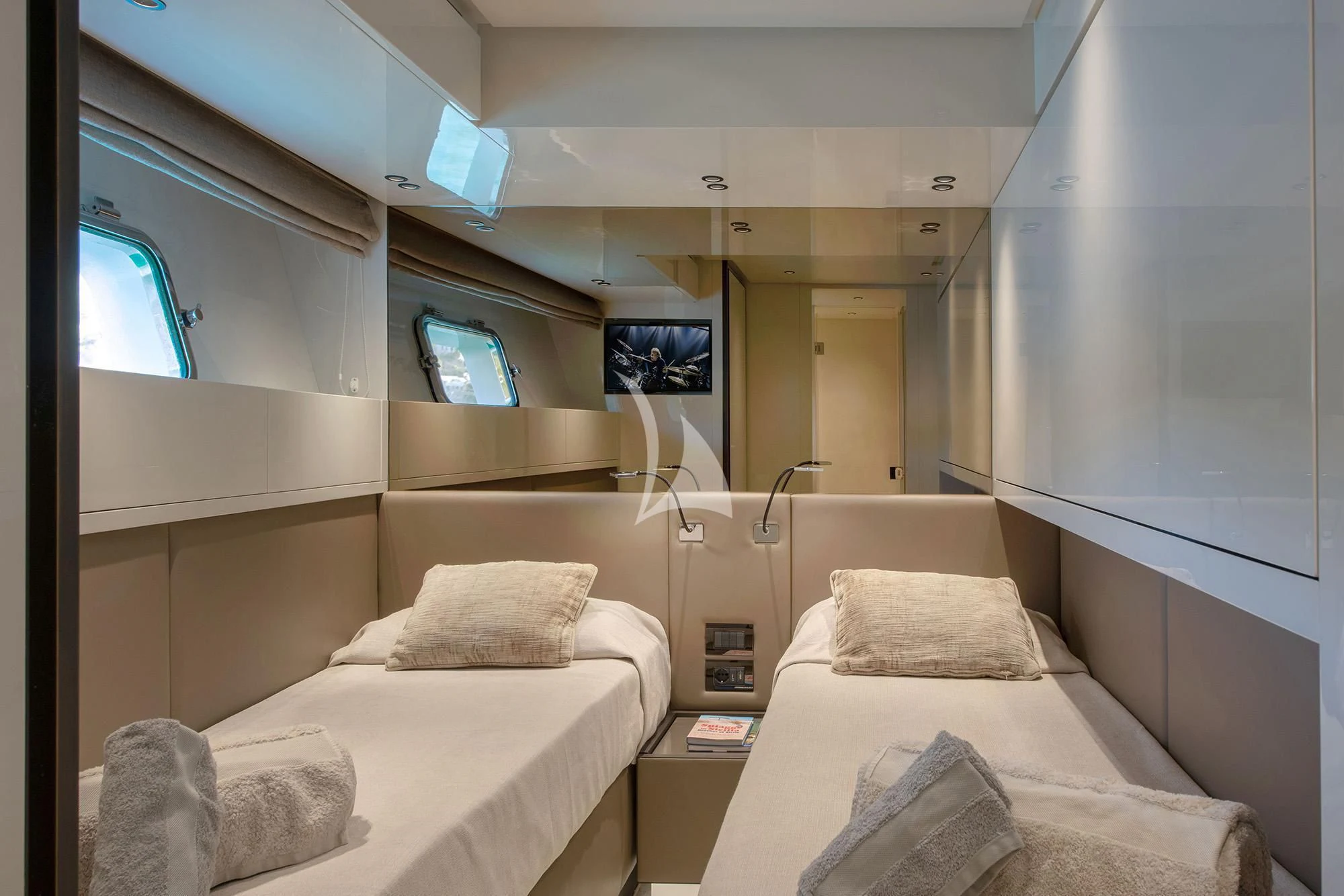 a room with two beds aboard TIBERIAS Yacht for Sale