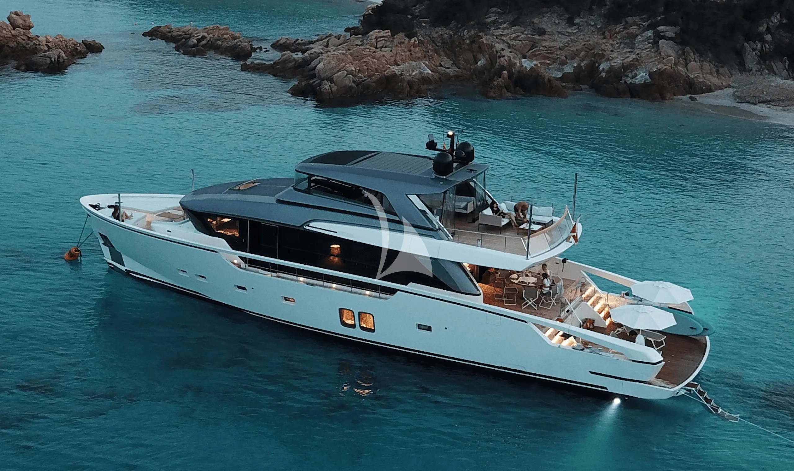 a white yacht in the water aboard TIBERIAS Yacht for Sale