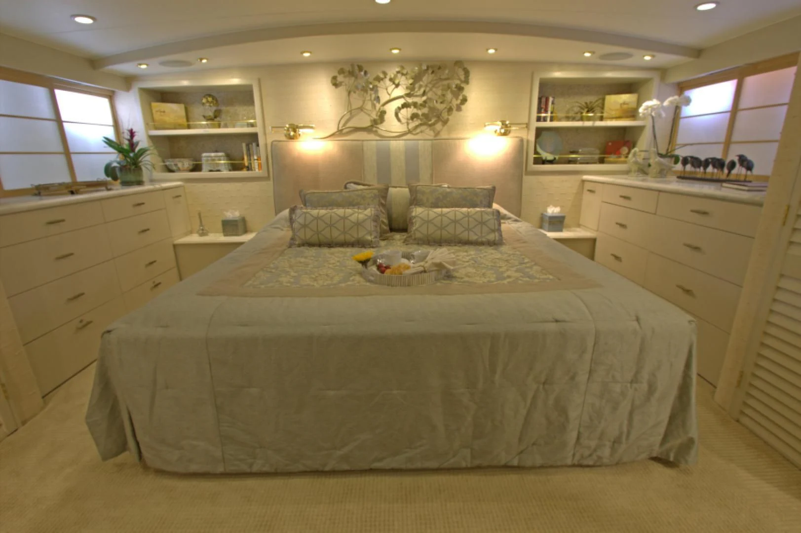 a large white bed in a room aboard LORELEI Yacht for Sale