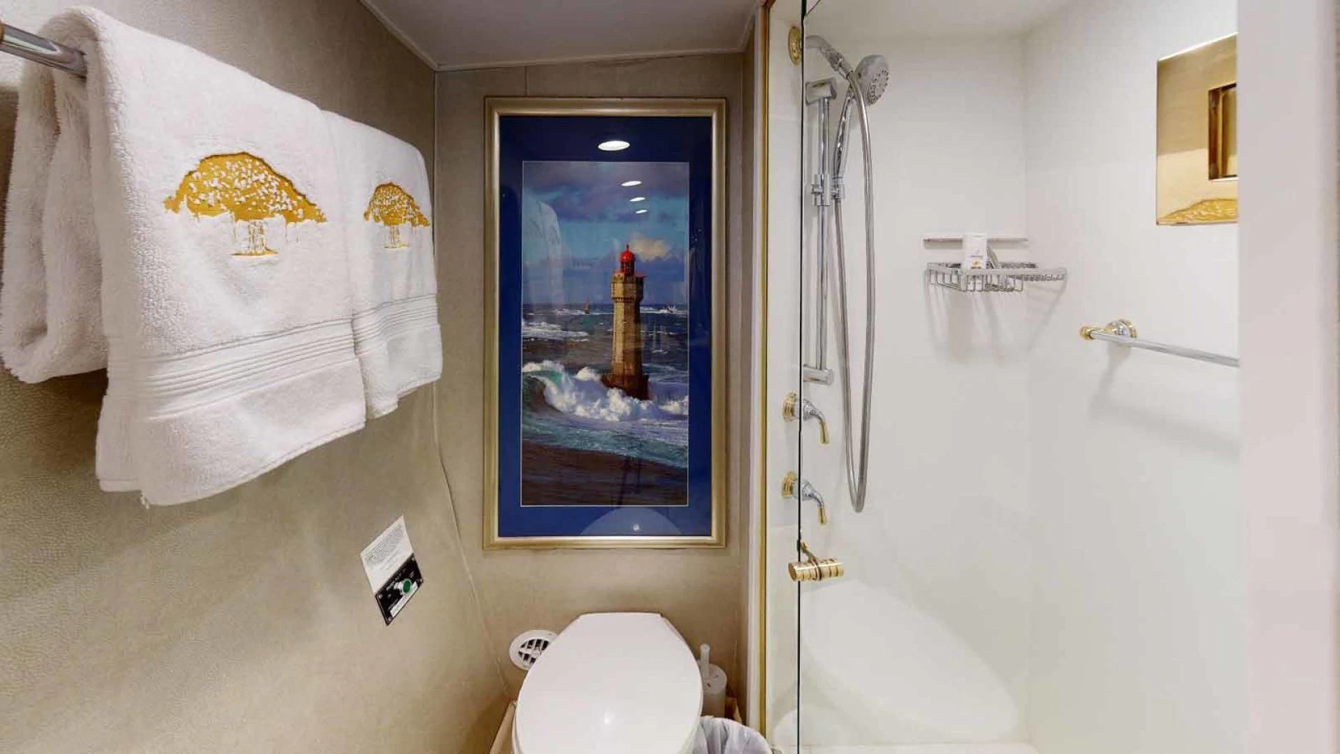 a bathroom with a painting on the wall aboard LORELEI Yacht for Sale