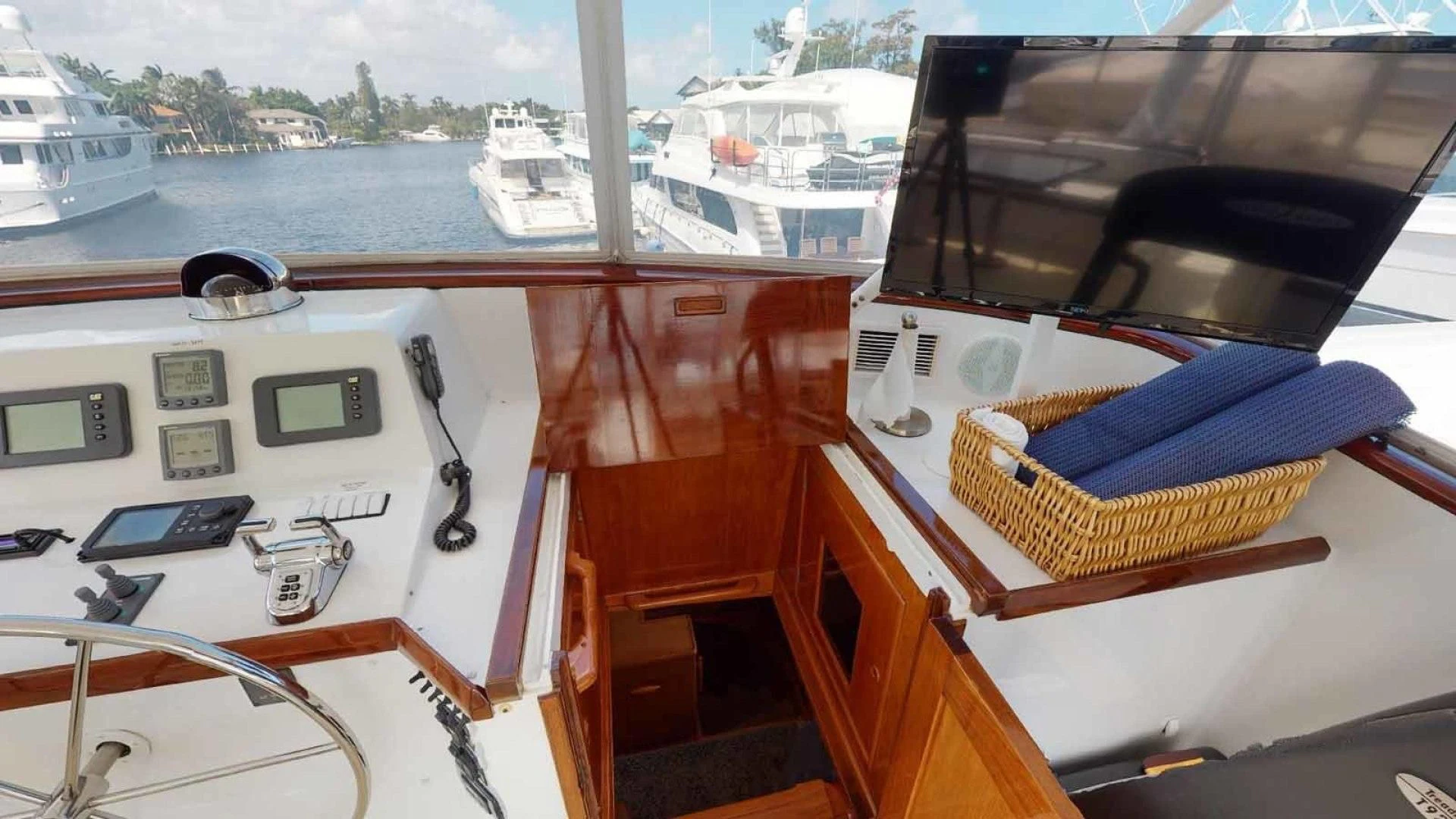 a boat with a basket on the front aboard LORELEI Yacht for Sale