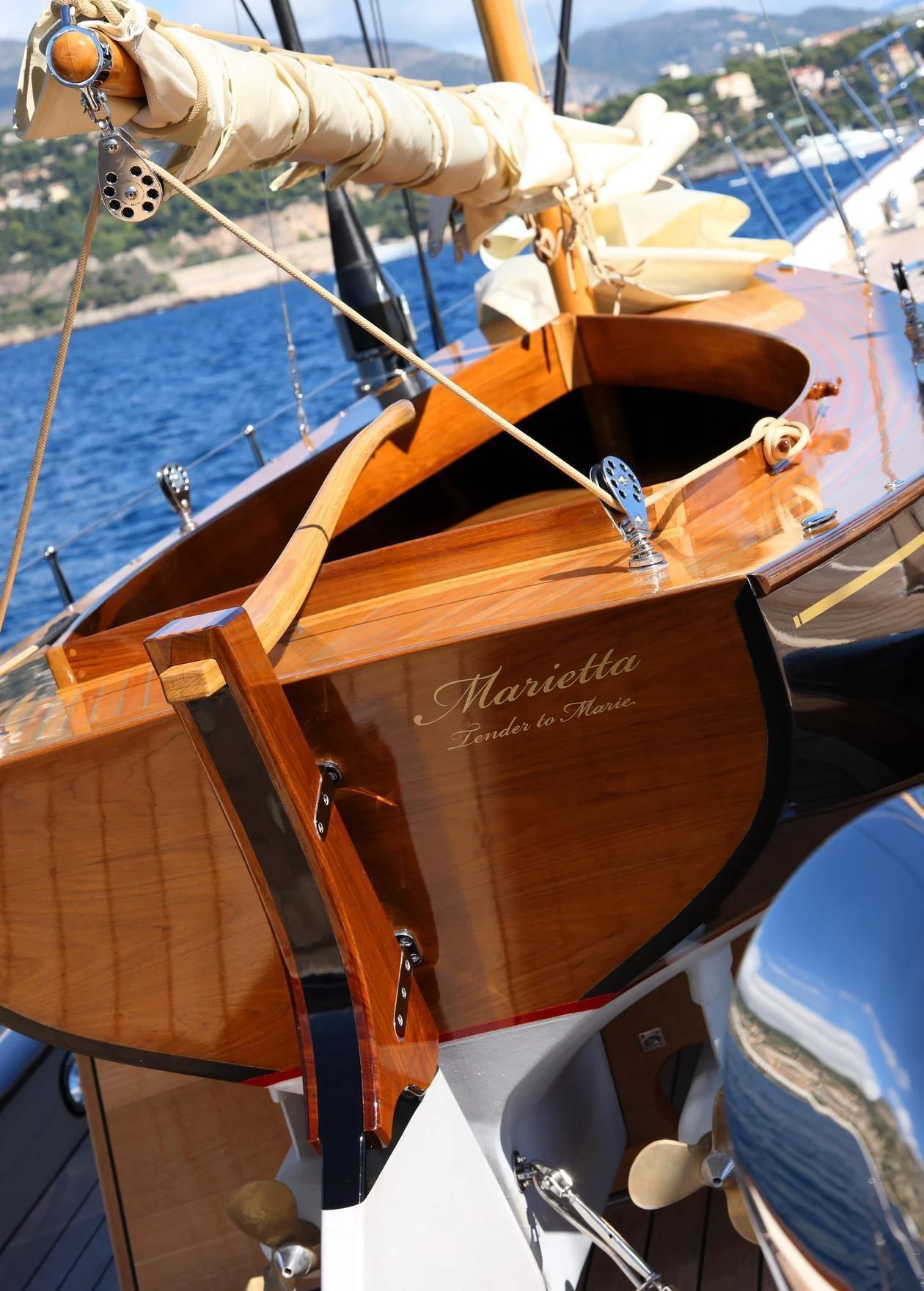 a wooden boat with ropes aboard MARIE Yacht for Sale