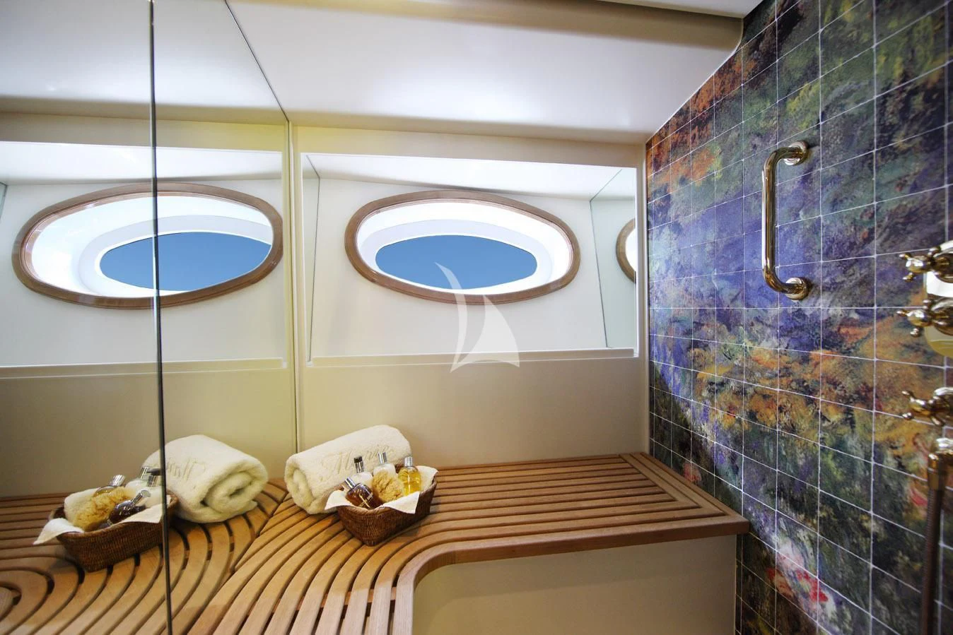 a bathroom with a large mirror aboard MARIE Yacht for Sale