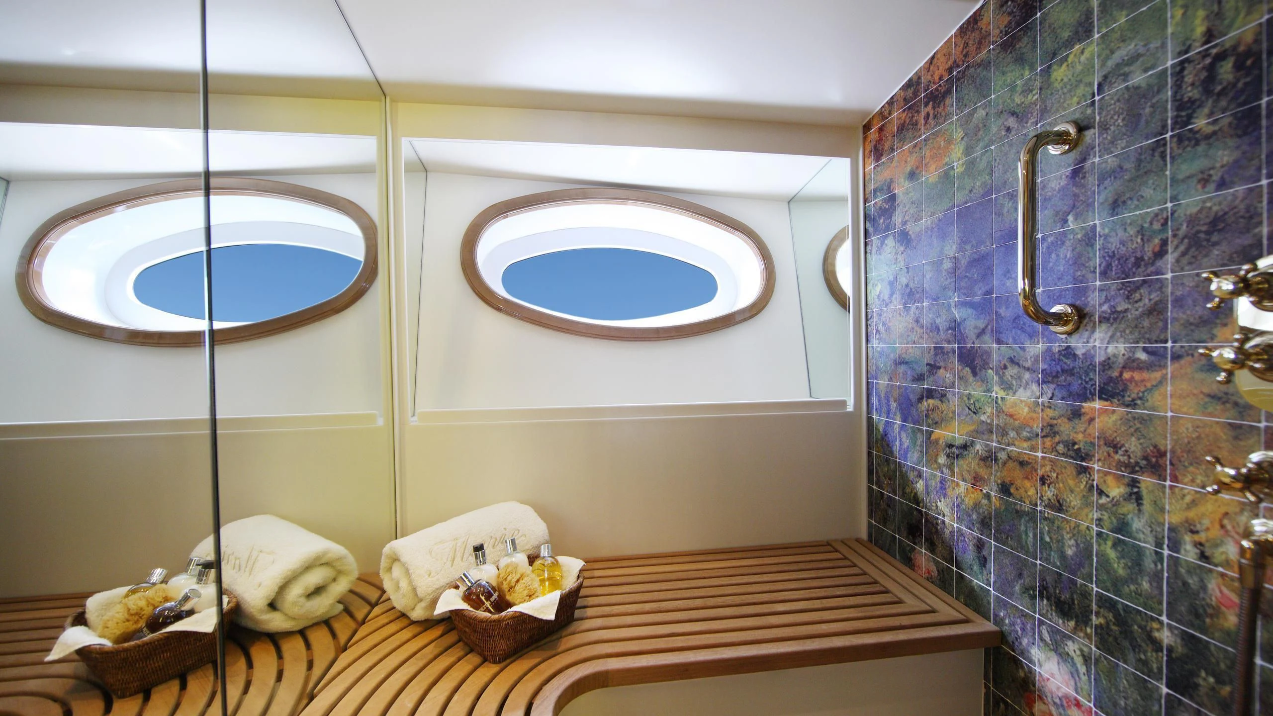 a bathroom with a large mirror aboard MARIE Yacht for Sale