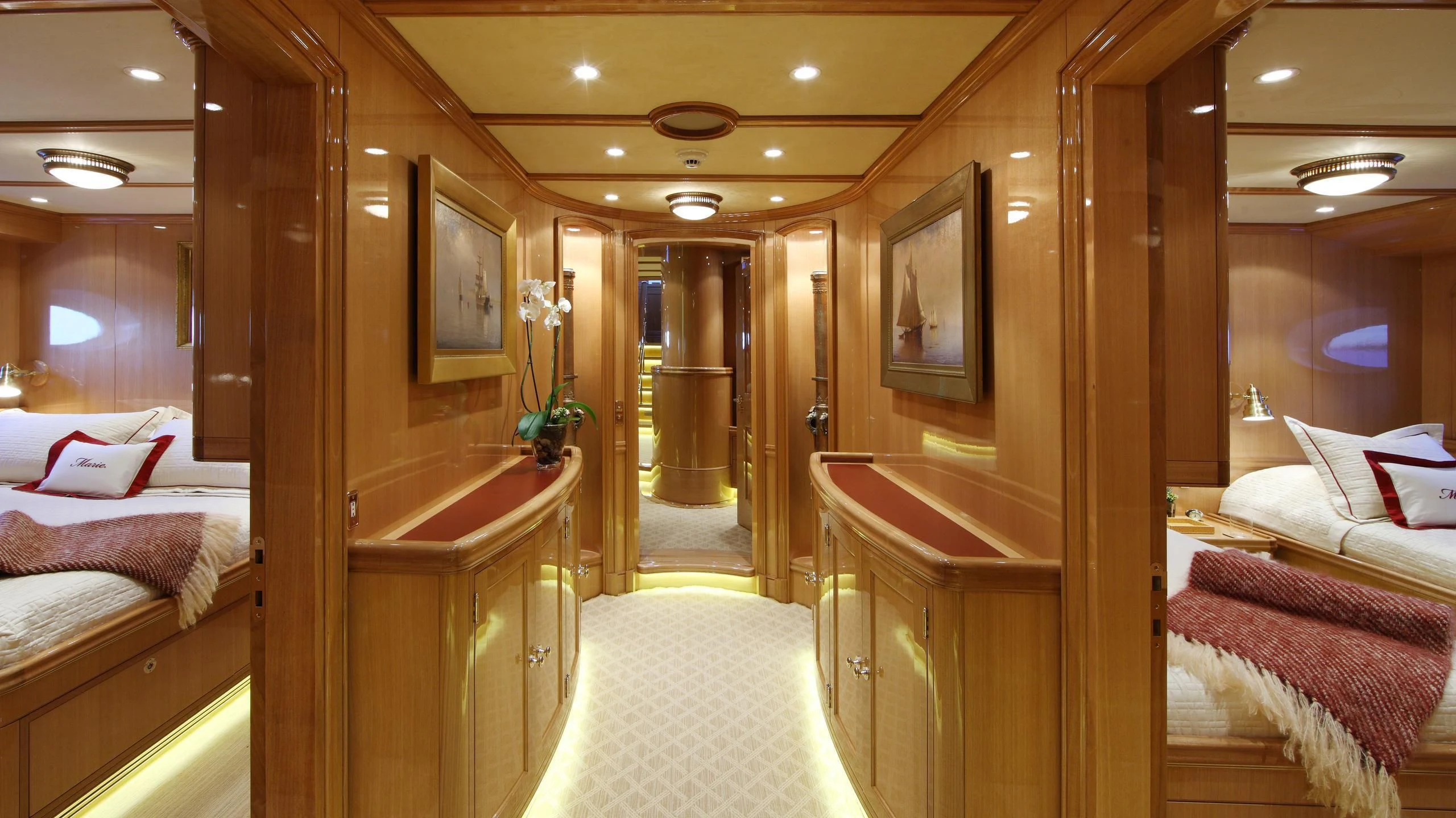 a room with a bed and a mirror aboard MARIE Yacht for Sale