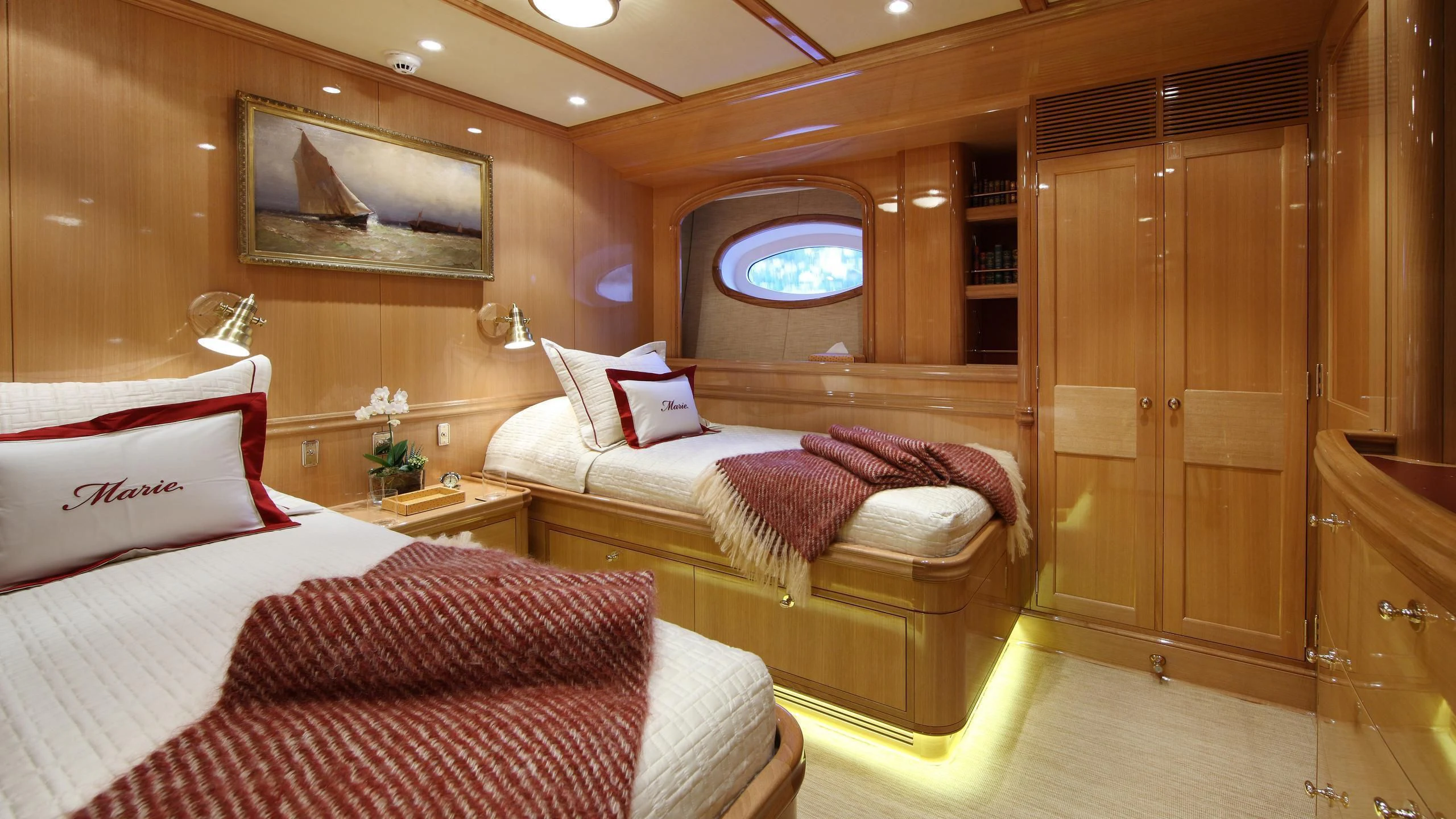 a room with two beds aboard MARIE Yacht for Sale