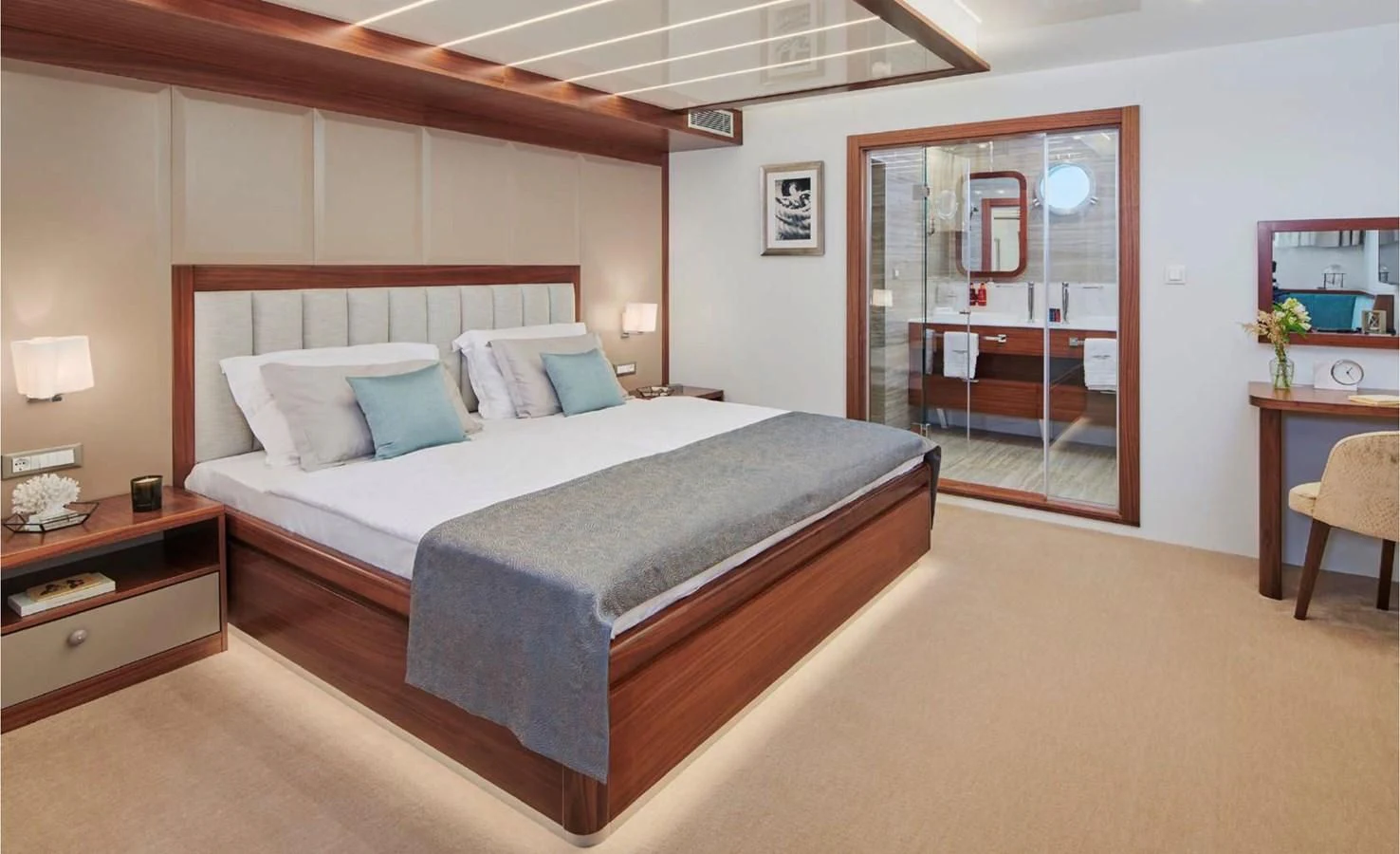 a bed in a room aboard CORSARIO Yacht for Charter