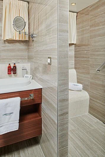 a bathroom with a shower aboard CORSARIO Yacht for Charter