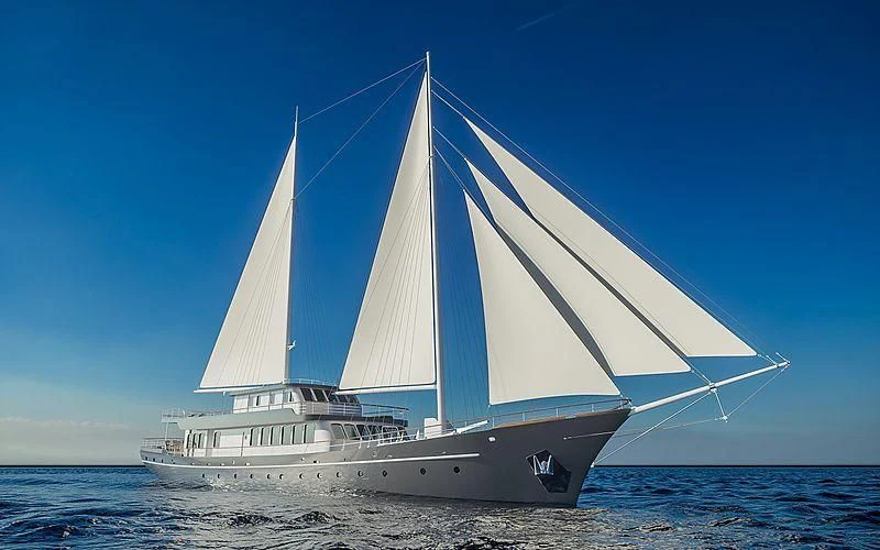 a white boat on the water aboard CORSARIO Yacht for Charter