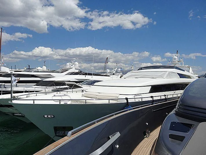 a group of boats are parked in a harbor aboard ZEN Yacht for Sale