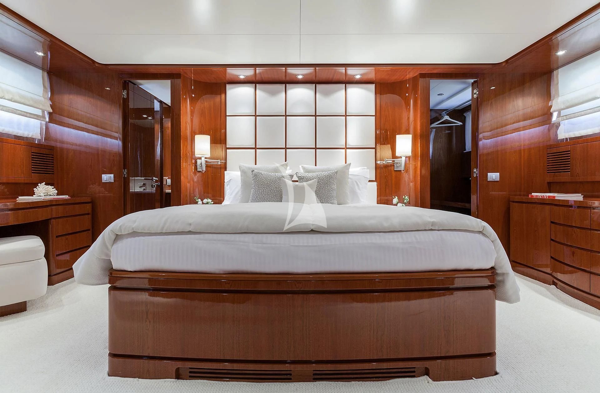 a bed in a room aboard ZEN Yacht for Sale