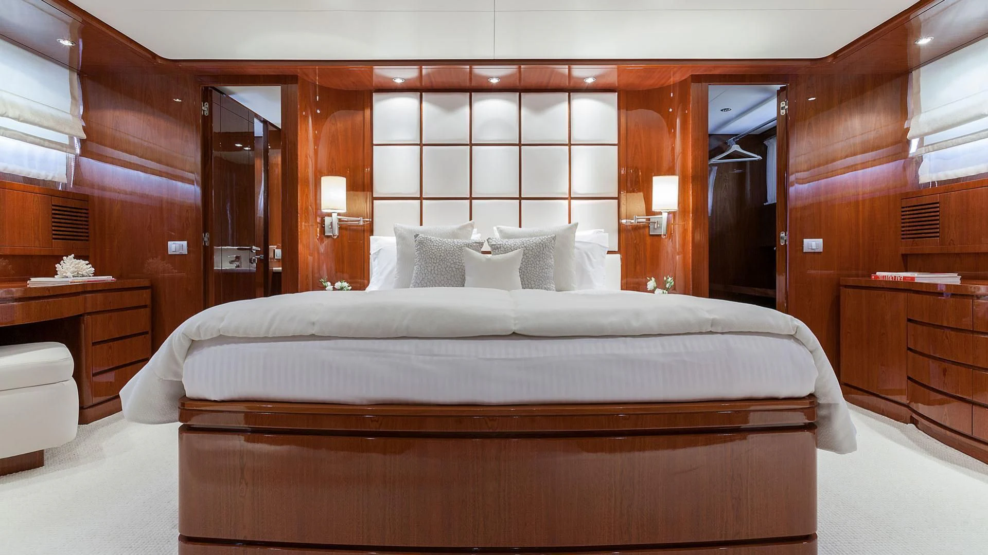 a bed in a room aboard ZEN Yacht for Sale