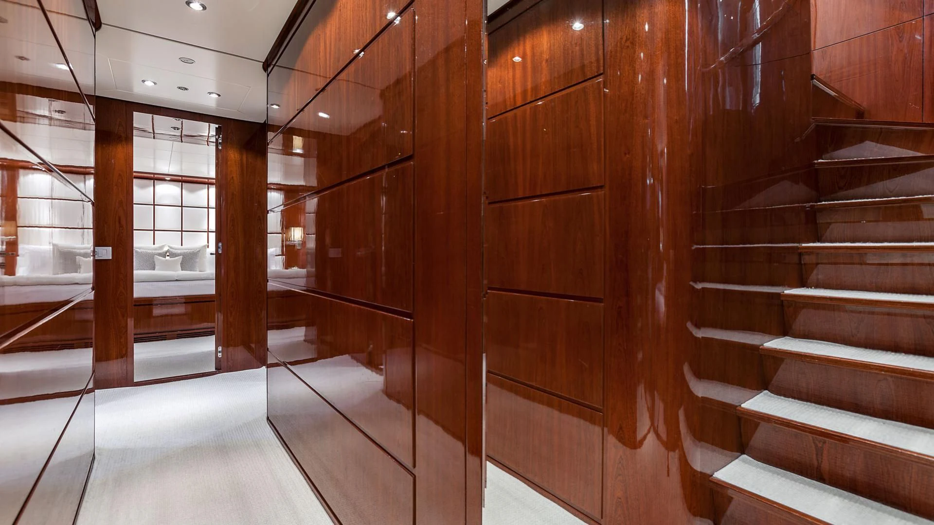 a wooden staircase in a building aboard ZEN Yacht for Sale