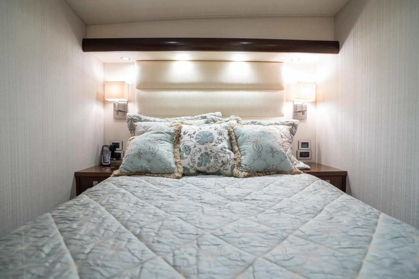 a bed with pillows aboard MER SEA SAKES Yacht for Sale