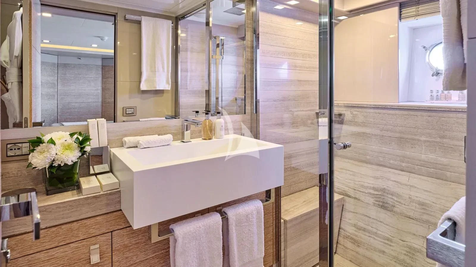 a bathroom with a large bathtub aboard DALOLI Yacht for Charter