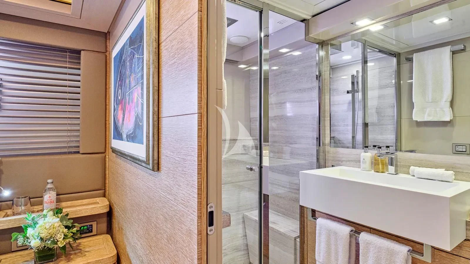 a bathroom with a glass shower aboard DALOLI Yacht for Charter