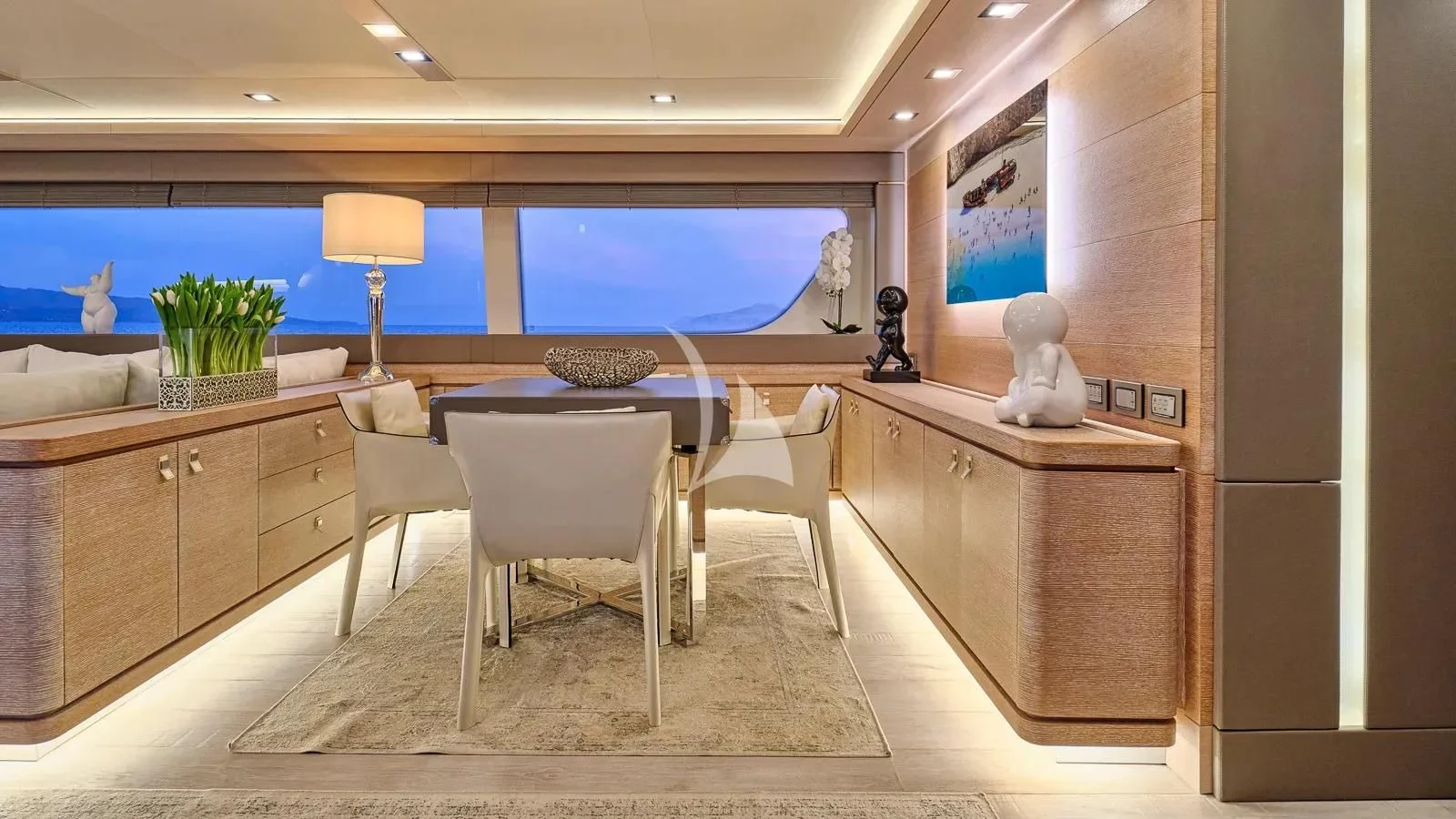 a room with a desk and a television aboard DALOLI Yacht for Charter
