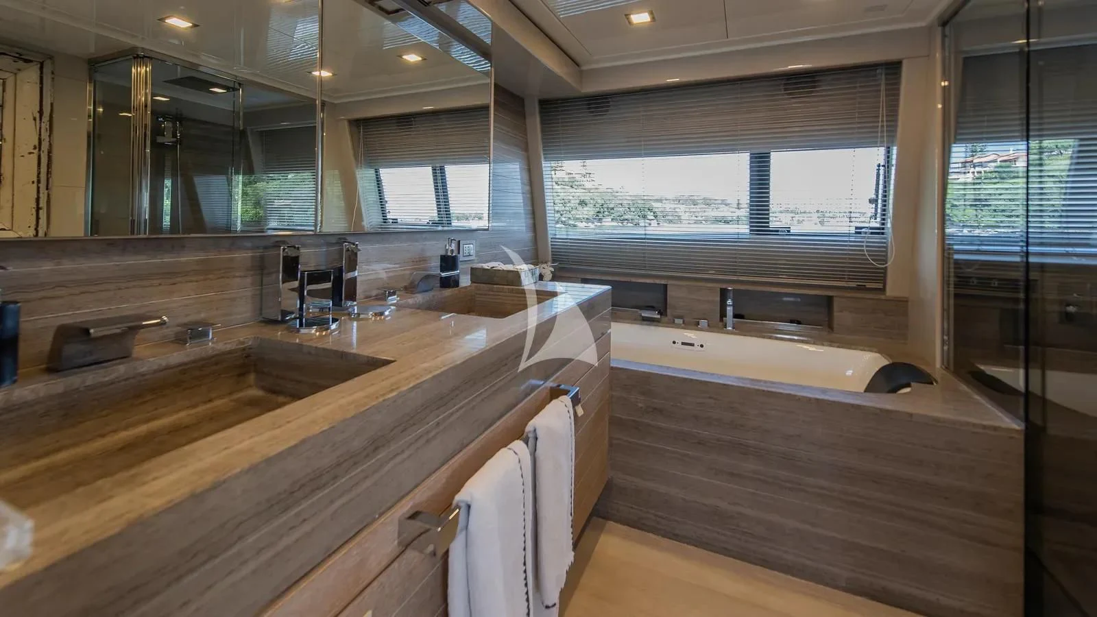 a bathroom with a large window aboard DALOLI Yacht for Charter