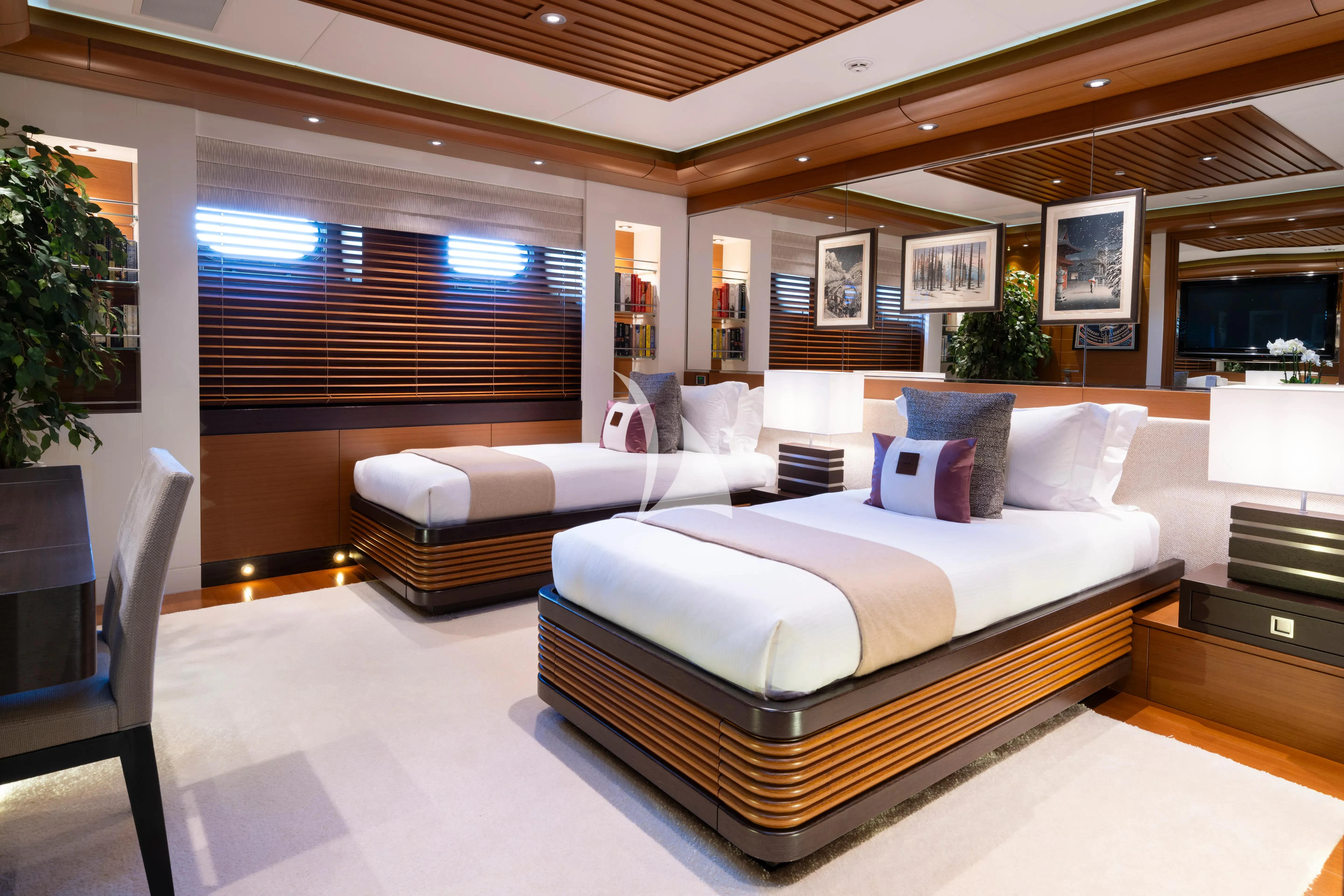 a large bed in a room aboard MARY-JEAN II Yacht for Sale