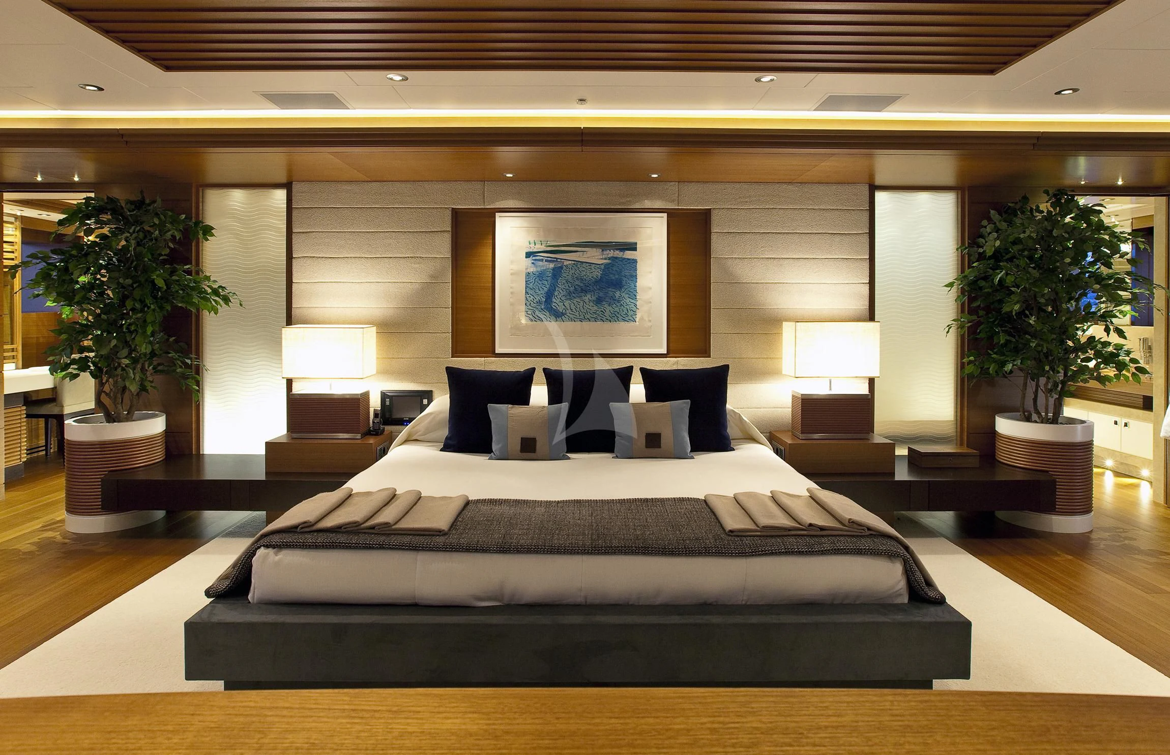 a large bed in a room aboard MARY-JEAN II Yacht for Sale