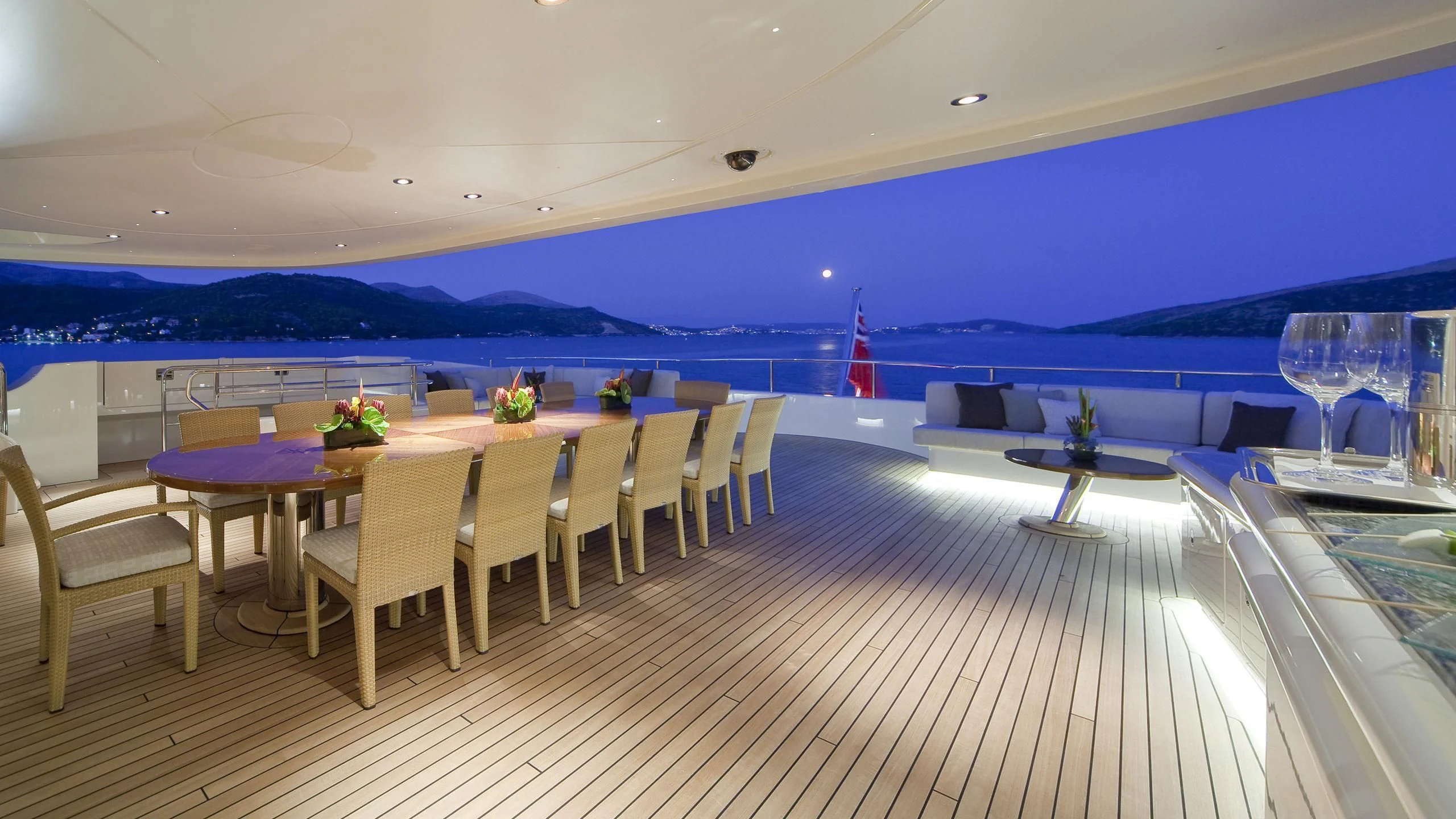 a room with tables and chairs aboard MARY-JEAN II Yacht for Sale