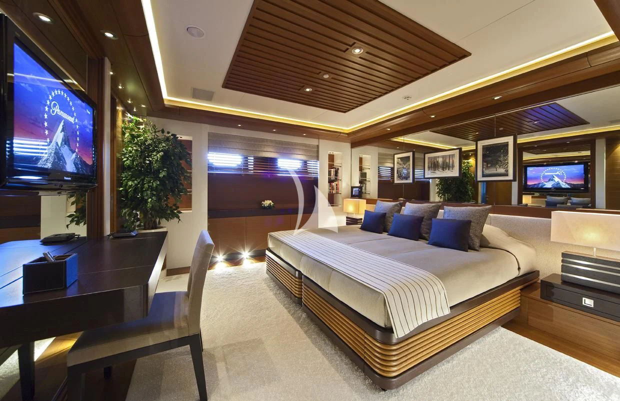a room with a bed and a tv aboard MARY-JEAN II Yacht for Sale