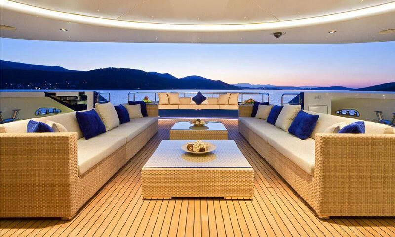 a living room with a large patio aboard MARY-JEAN II Yacht for Sale