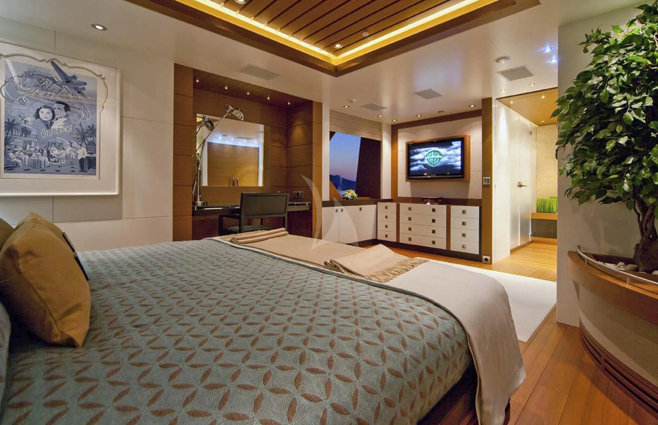 a hotel room with a bed and tv aboard MARY-JEAN II Yacht for Sale