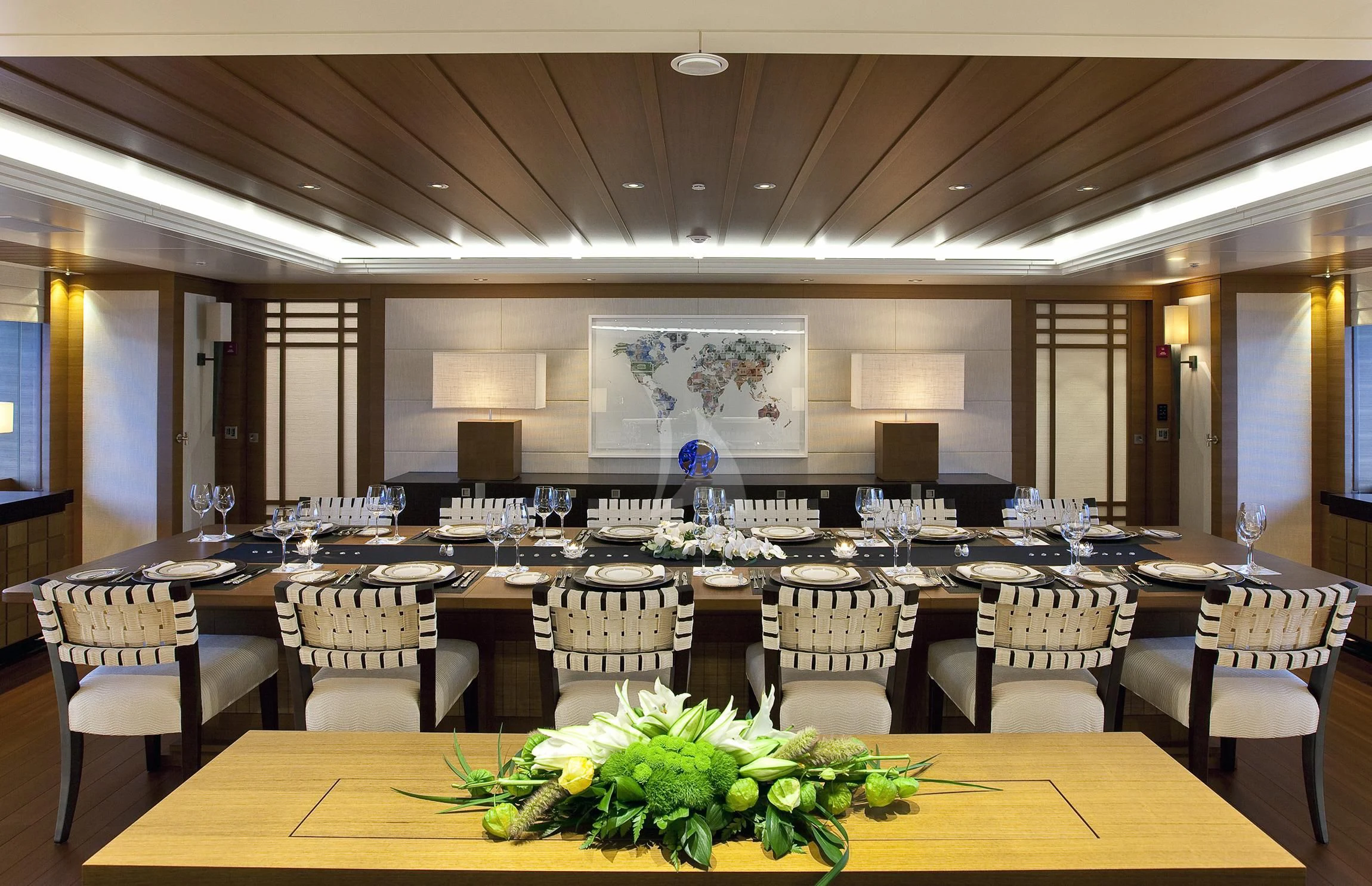 a large conference room with tables and chairs aboard MARY-JEAN II Yacht for Sale
