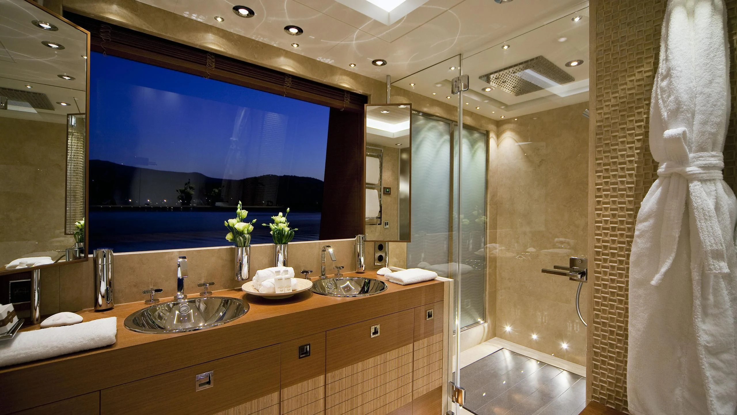 a bathroom with a large mirror aboard MARY-JEAN II Yacht for Sale
