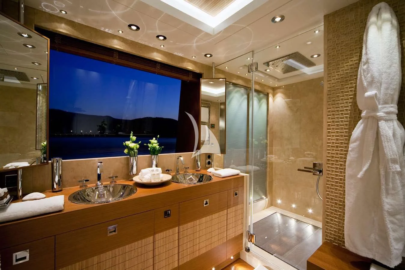 a bathroom with a large mirror aboard MARY-JEAN II Yacht for Sale