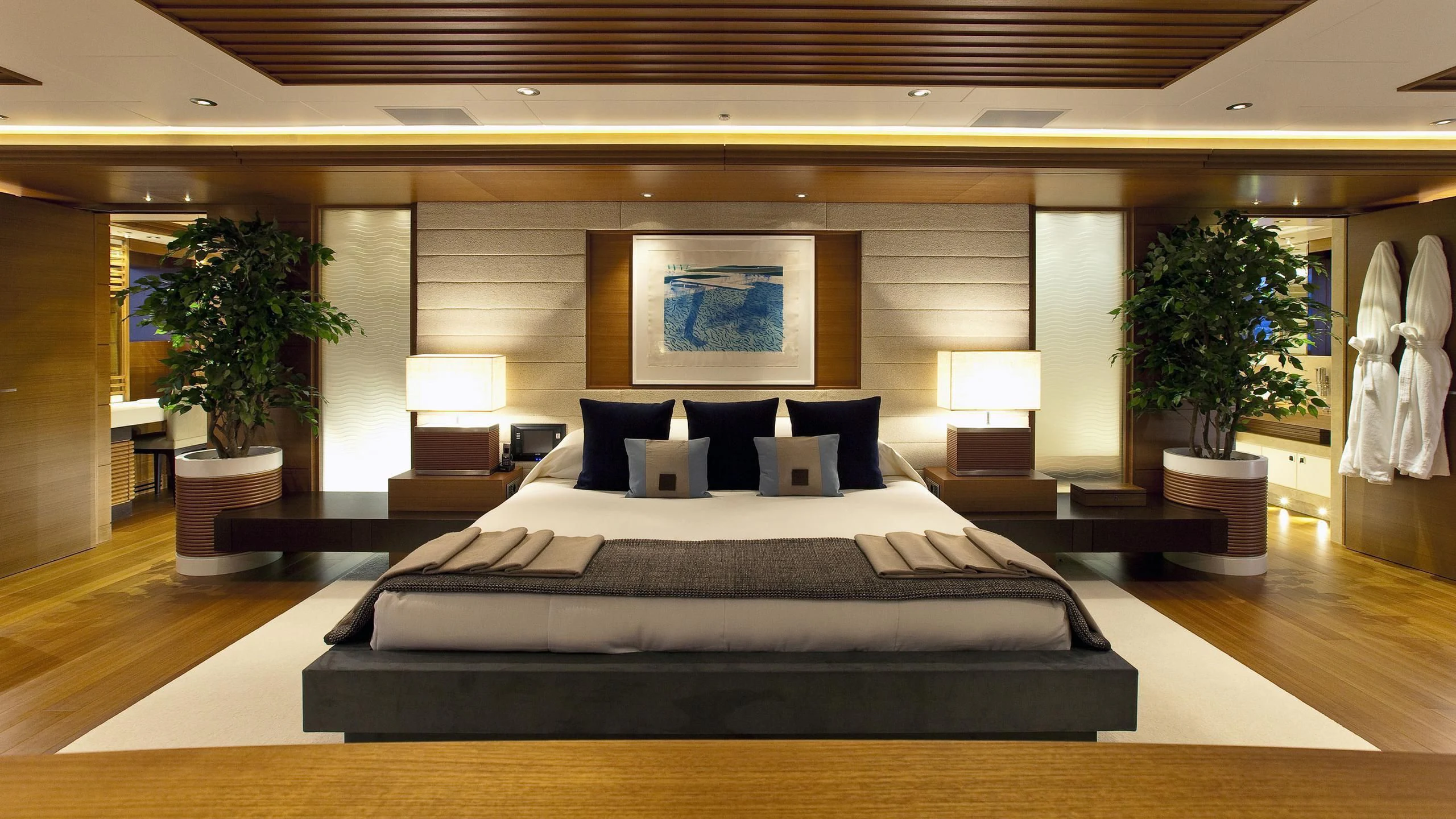 a large bed in a room aboard MARY-JEAN II Yacht for Sale