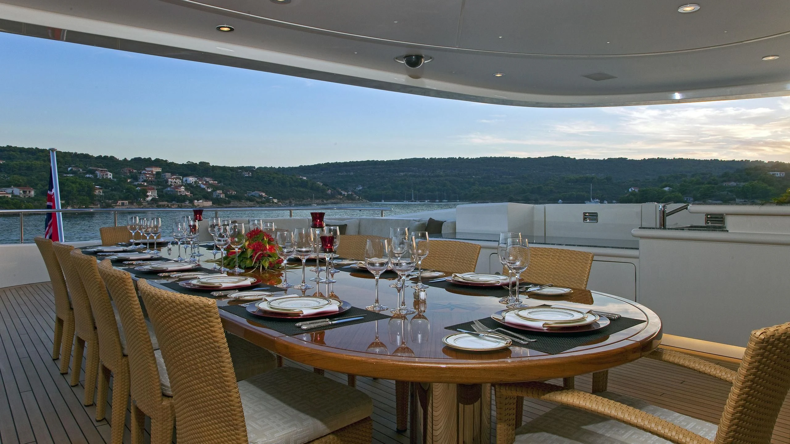 a table set for a dinner aboard MARY-JEAN II Yacht for Sale