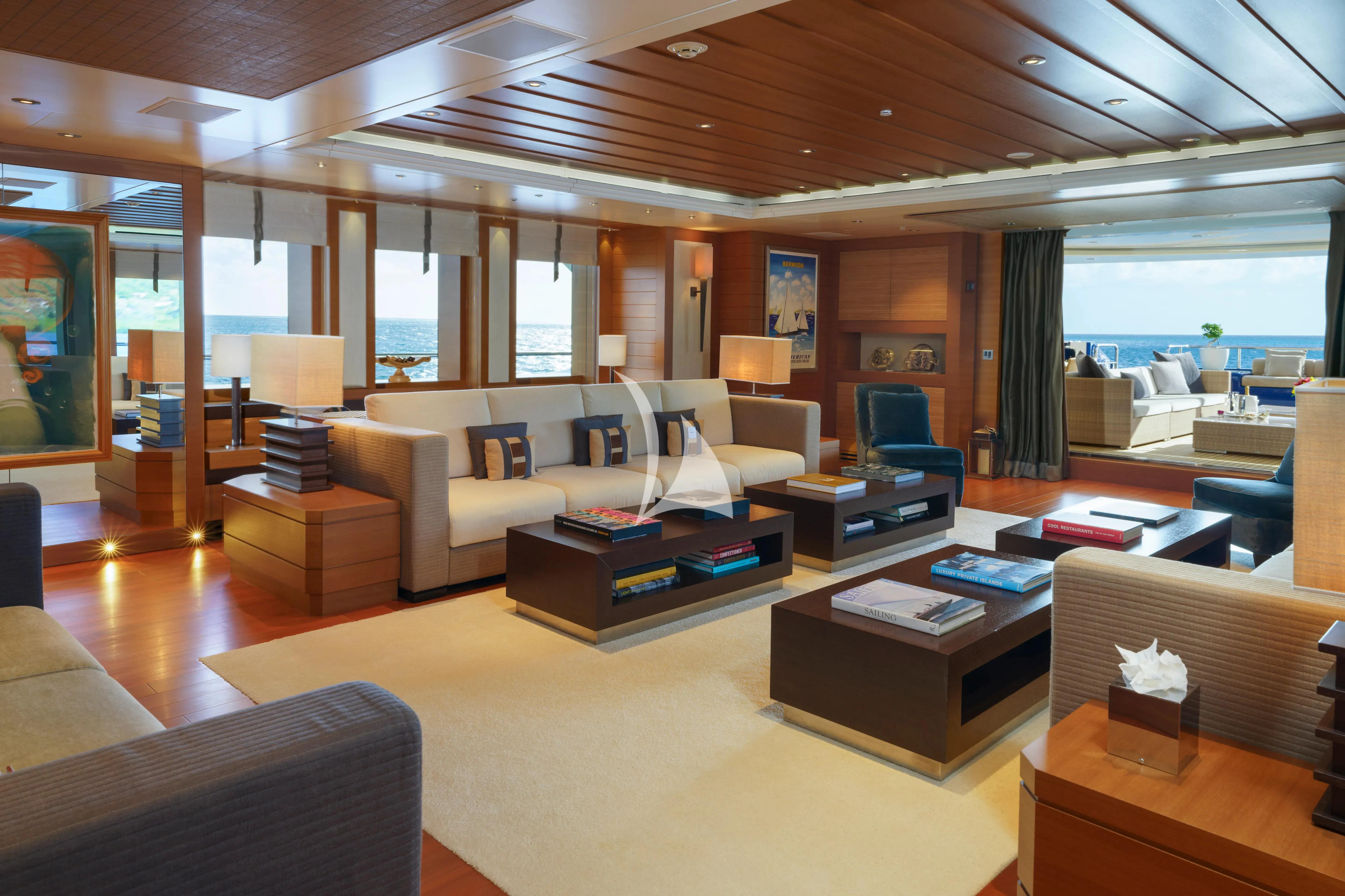 a living room with a large window aboard MARY-JEAN II Yacht for Sale