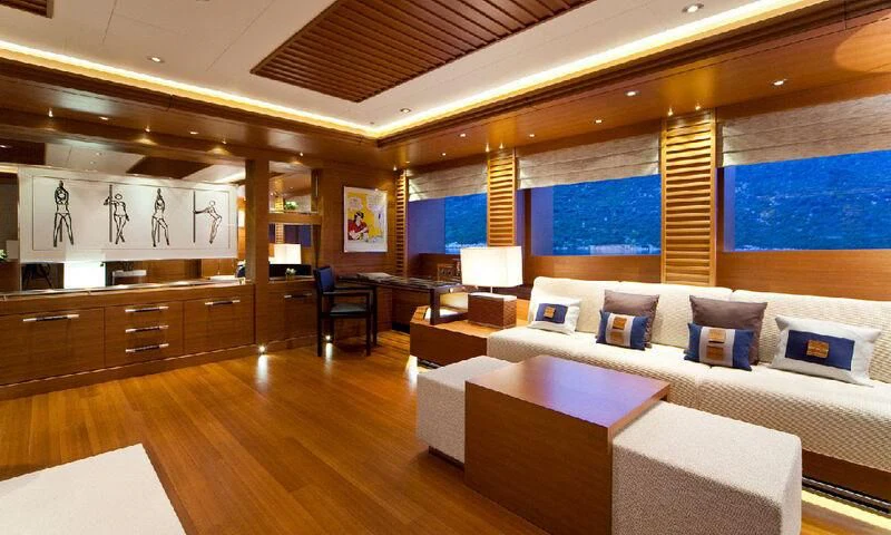 a room with a bed and a couch aboard MARY-JEAN II Yacht for Sale