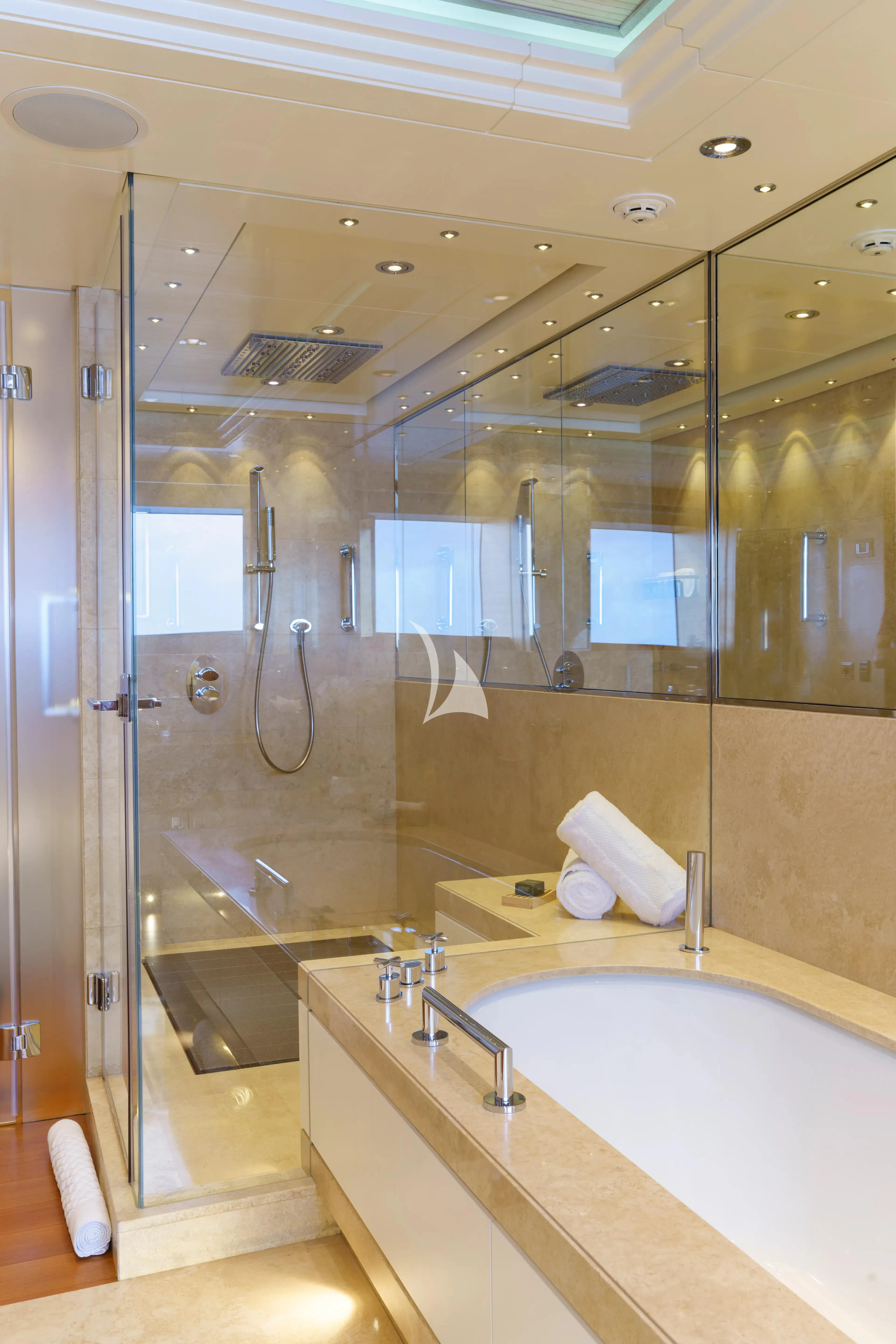 a bathroom with a large mirror aboard MARY-JEAN II Yacht for Sale