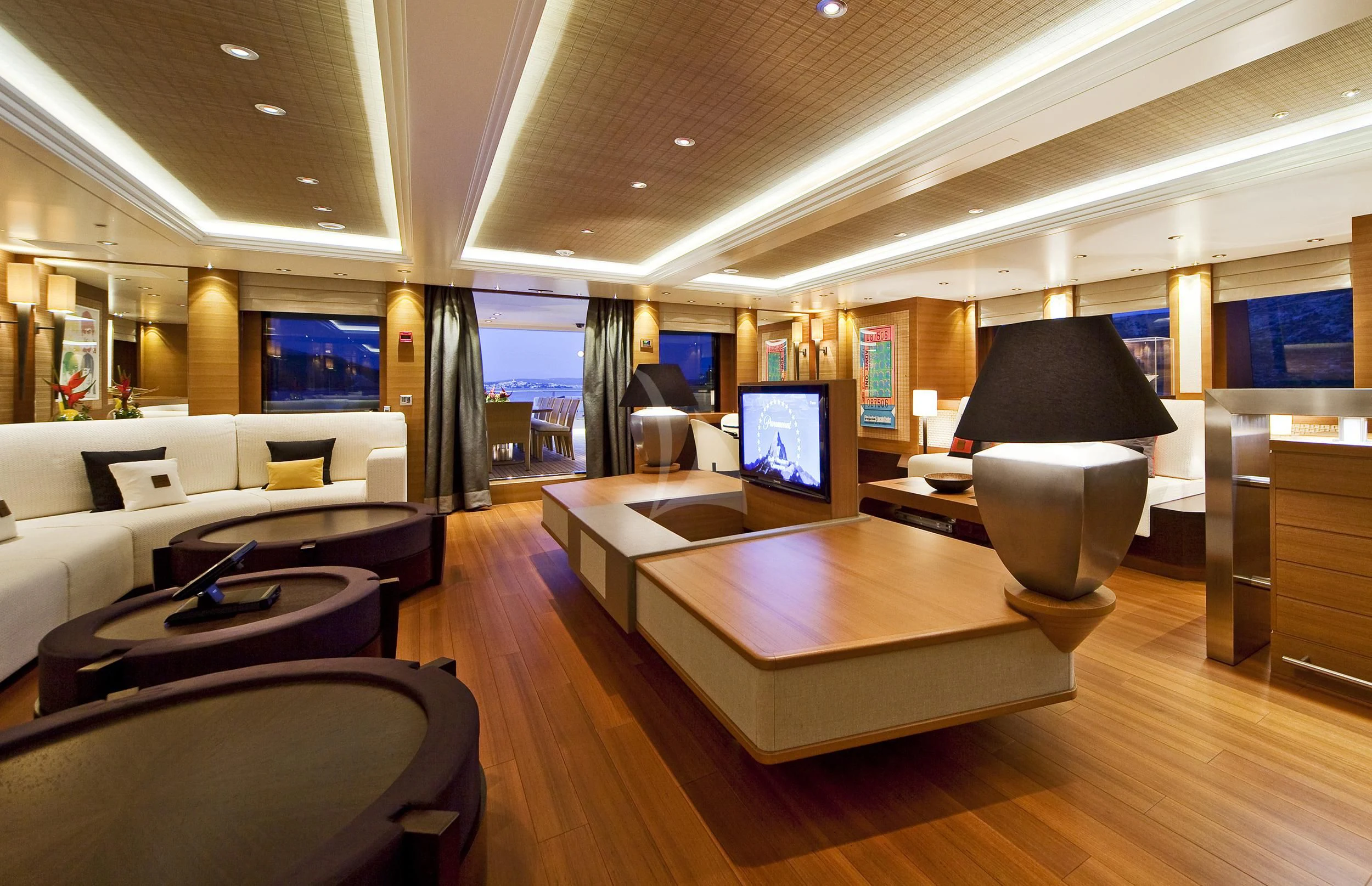 a room with a table and chairs aboard MARY-JEAN II Yacht for Sale