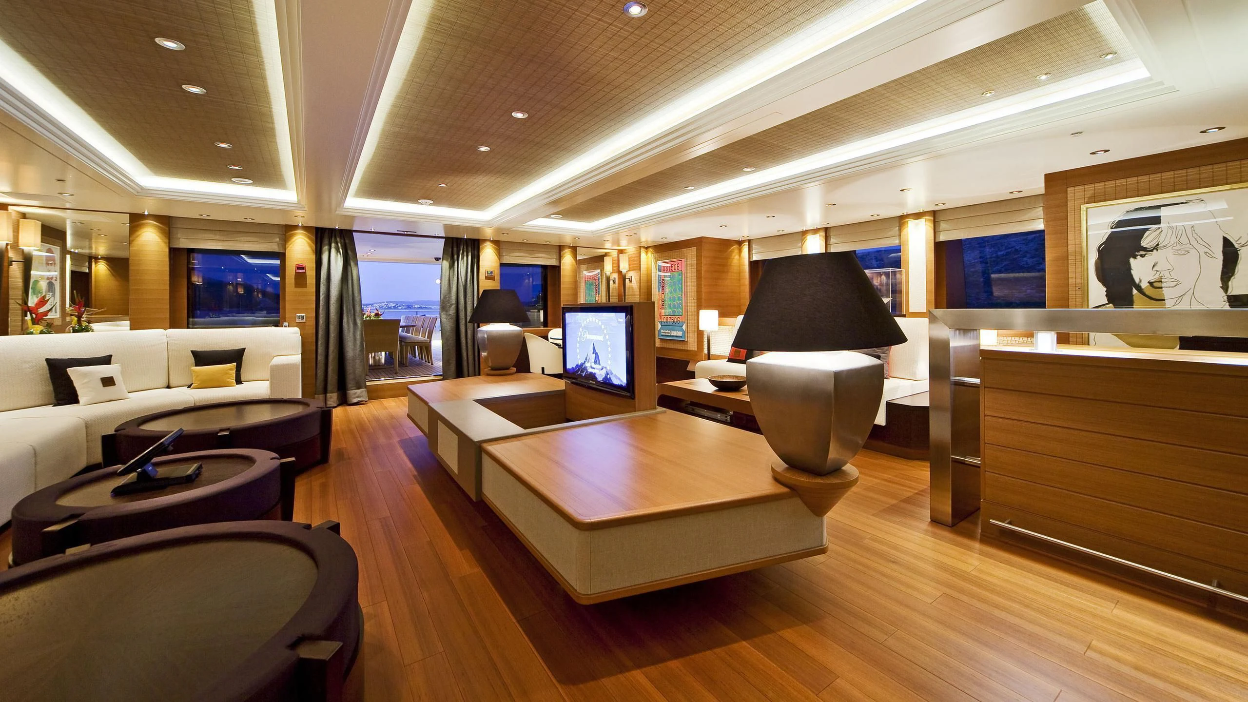 a room with a table and chairs aboard MARY-JEAN II Yacht for Sale