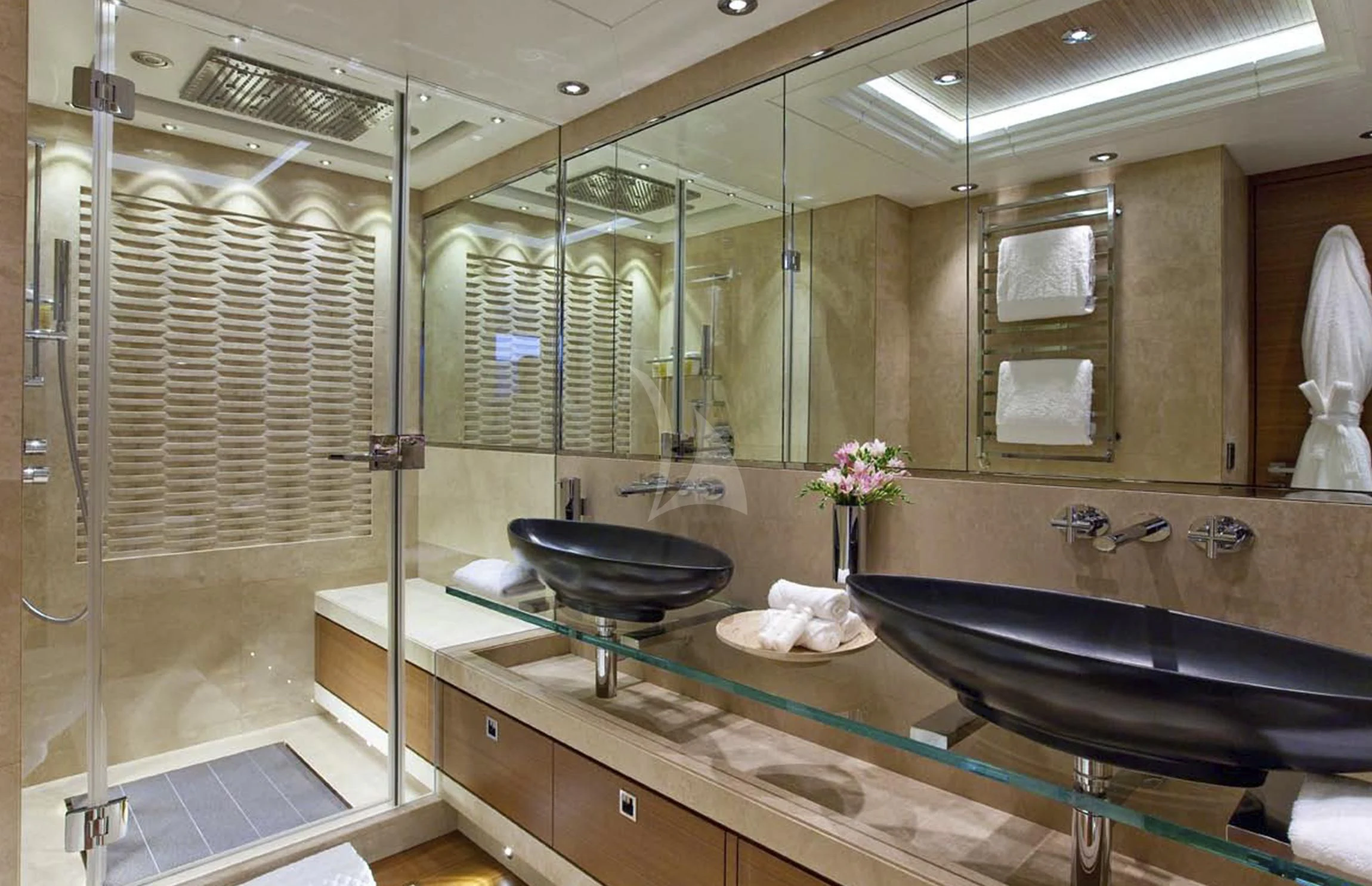 a bathroom with a large glass shower aboard MARY-JEAN II Yacht for Sale