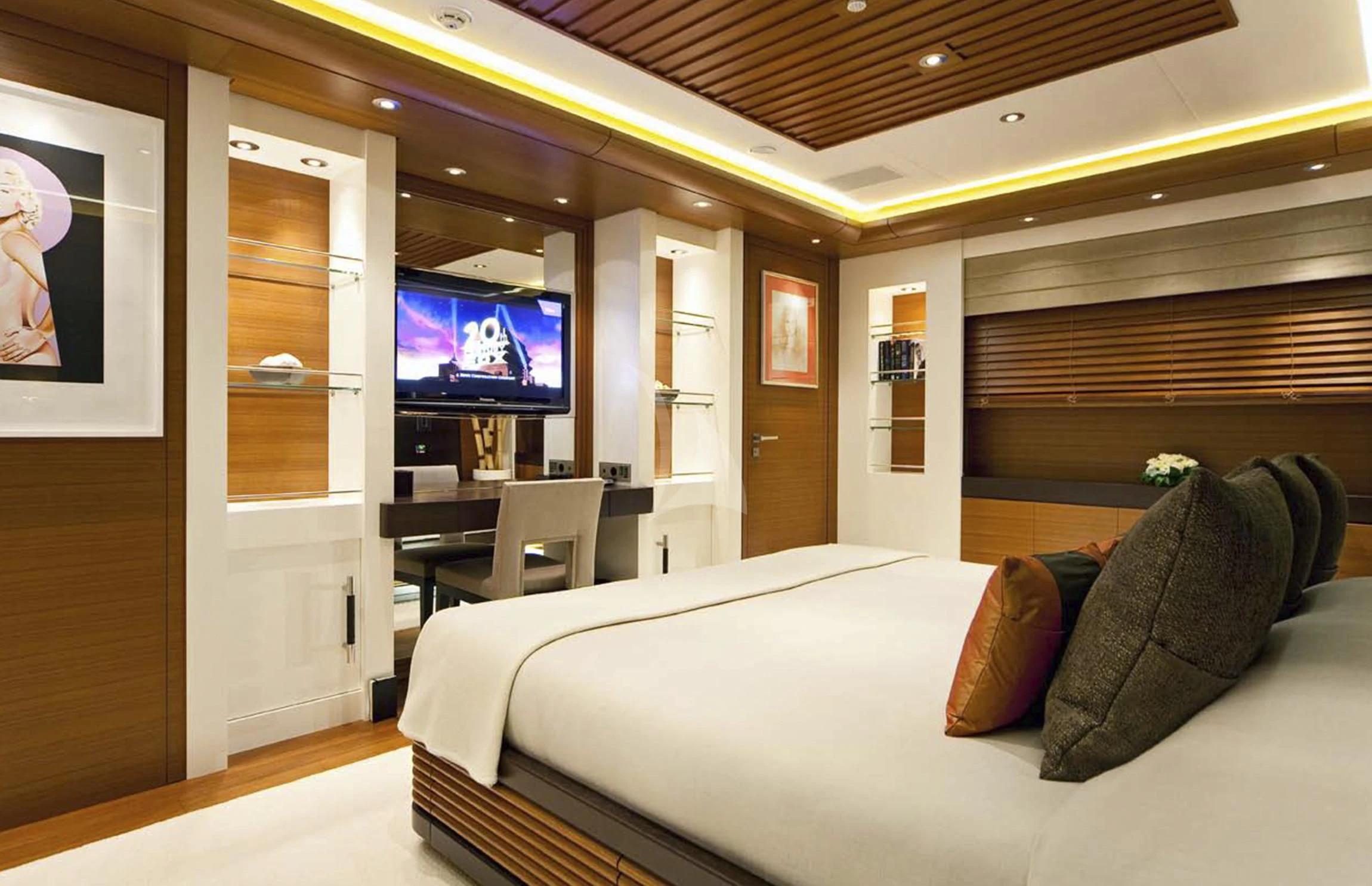 a large bed in a room aboard MARY-JEAN II Yacht for Sale