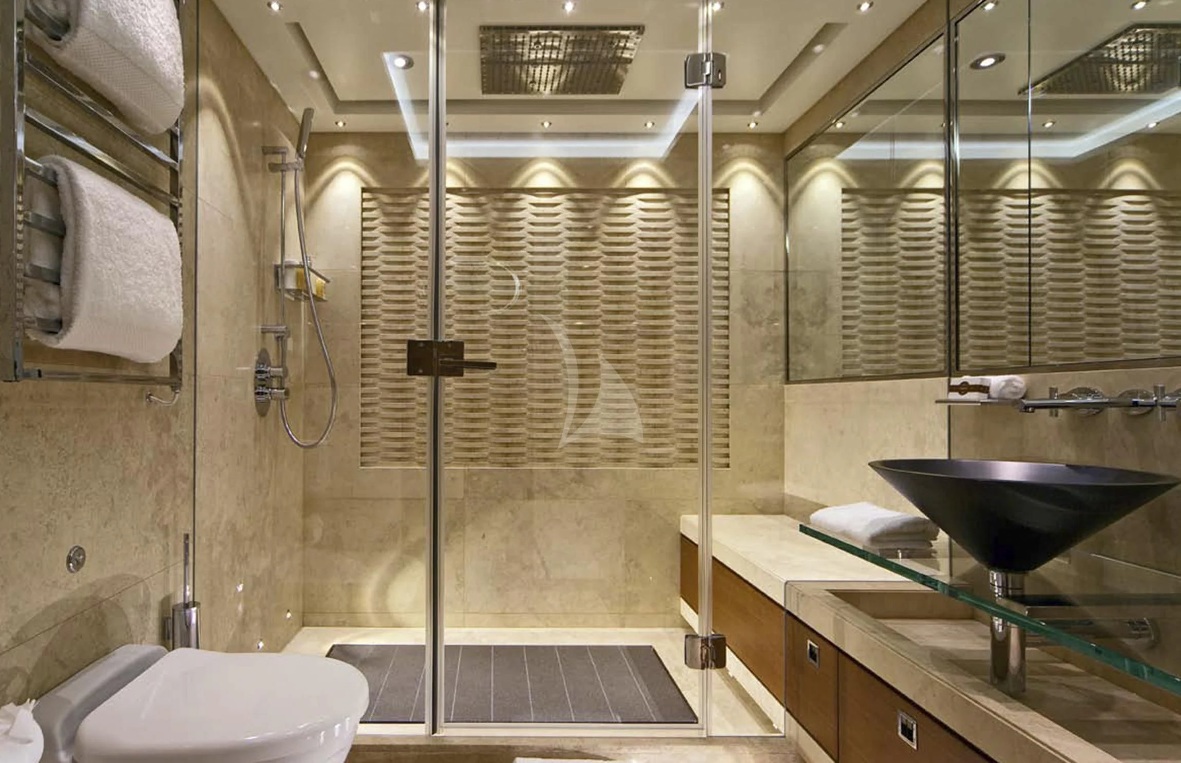 a bathroom with a sink and a bathtub aboard MARY-JEAN II Yacht for Sale