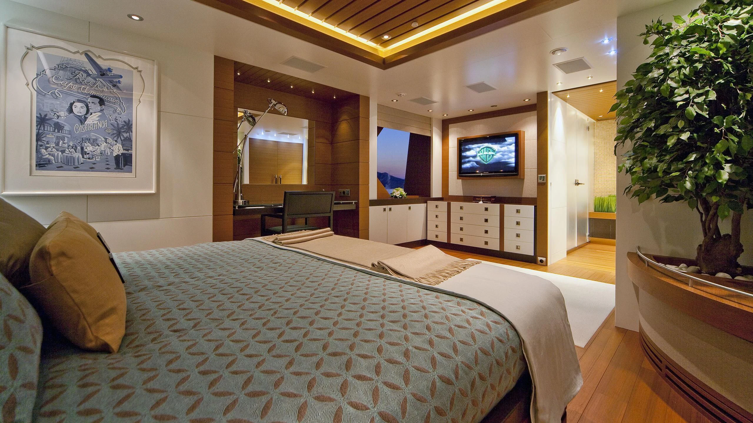 a large bedroom with a large bed aboard MARY-JEAN II Yacht for Sale
