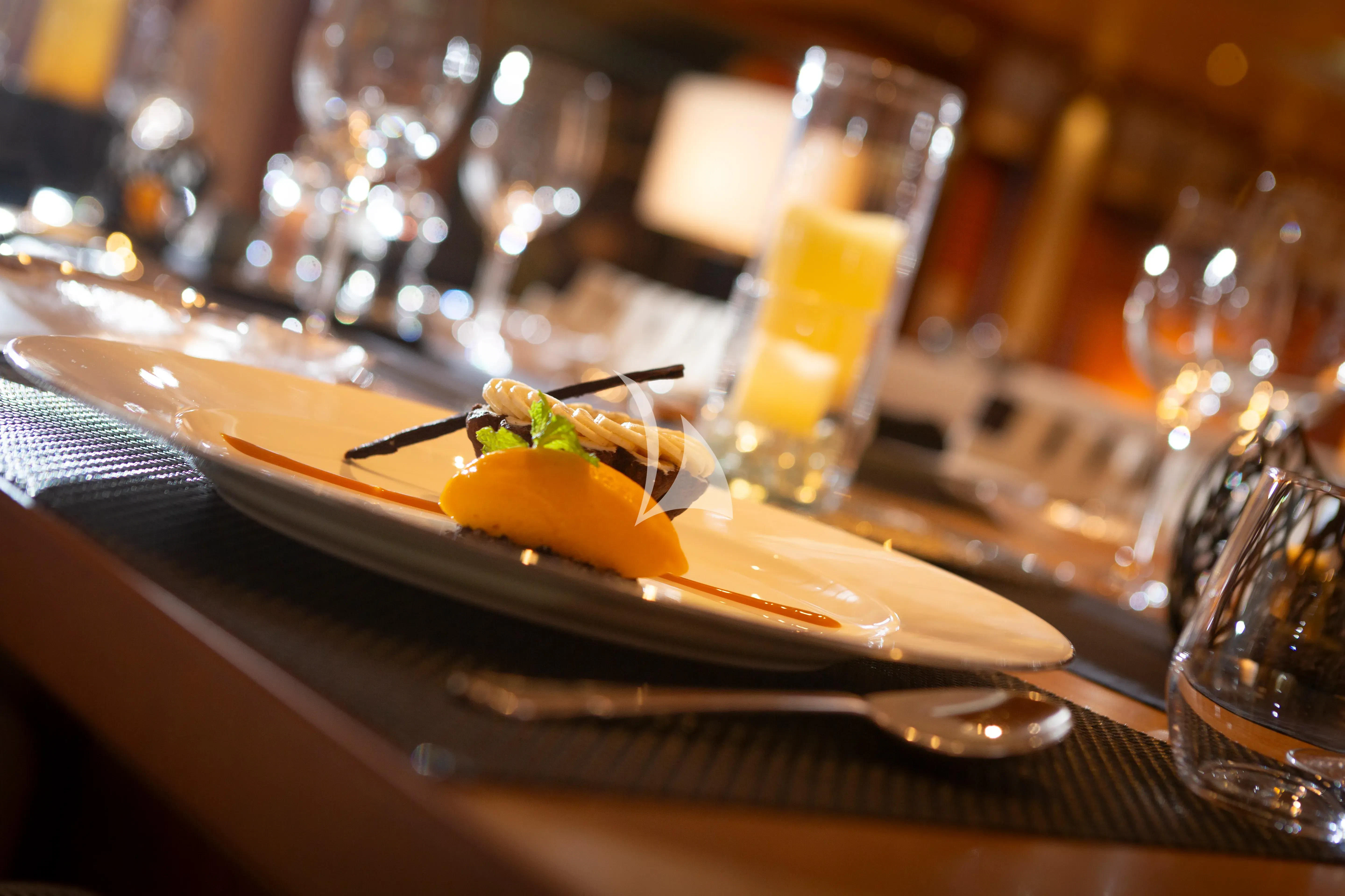 a plate of dessert aboard MARY-JEAN II Yacht for Sale