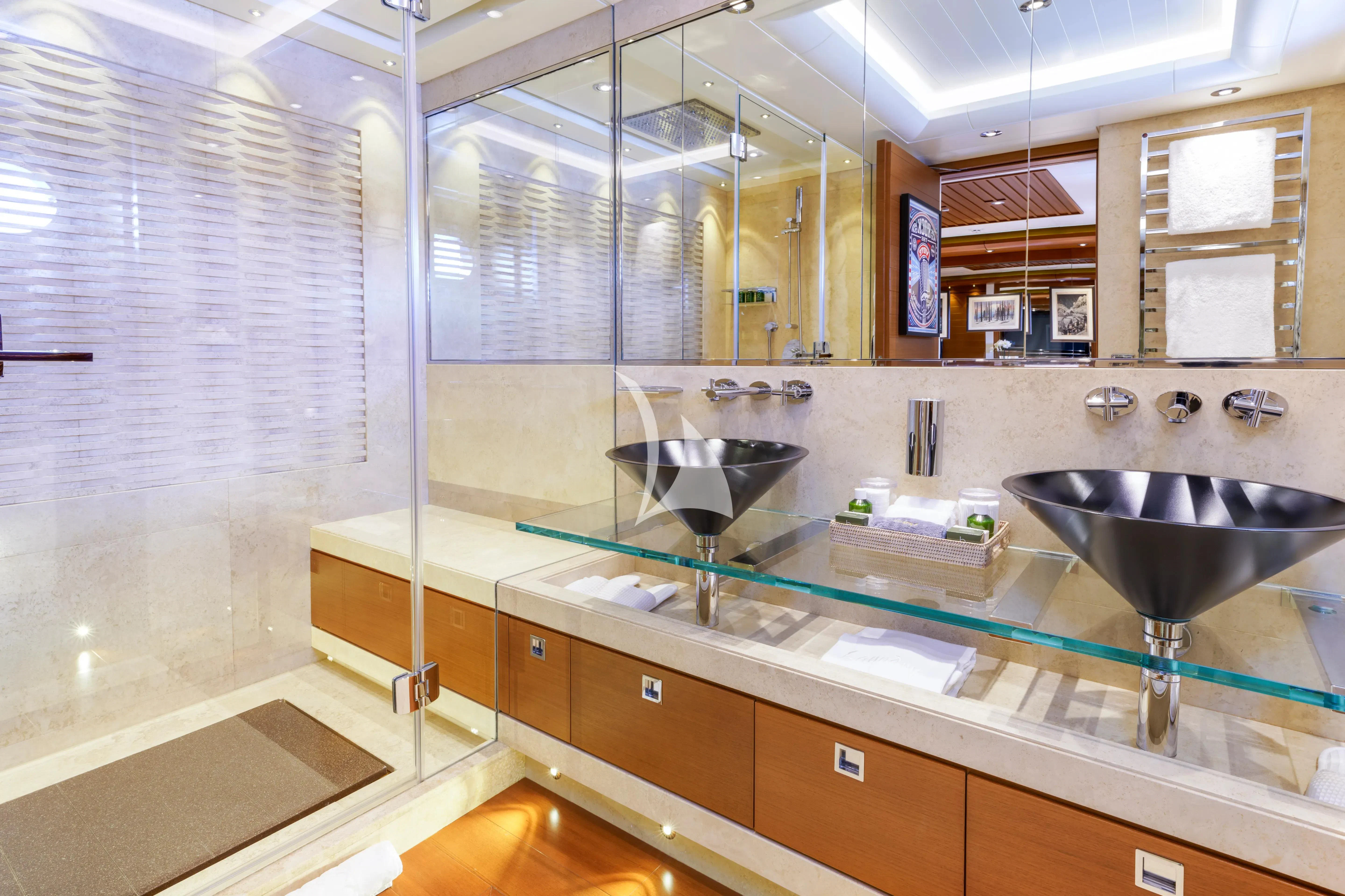 a bathroom with a large countertop aboard MARY-JEAN II Yacht for Sale