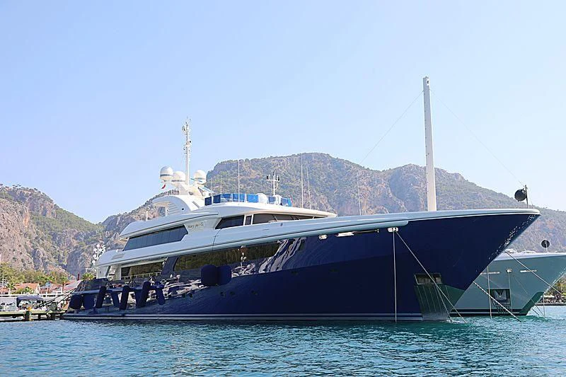 a boat docked at a pier aboard MARY-JEAN II Yacht for Sale